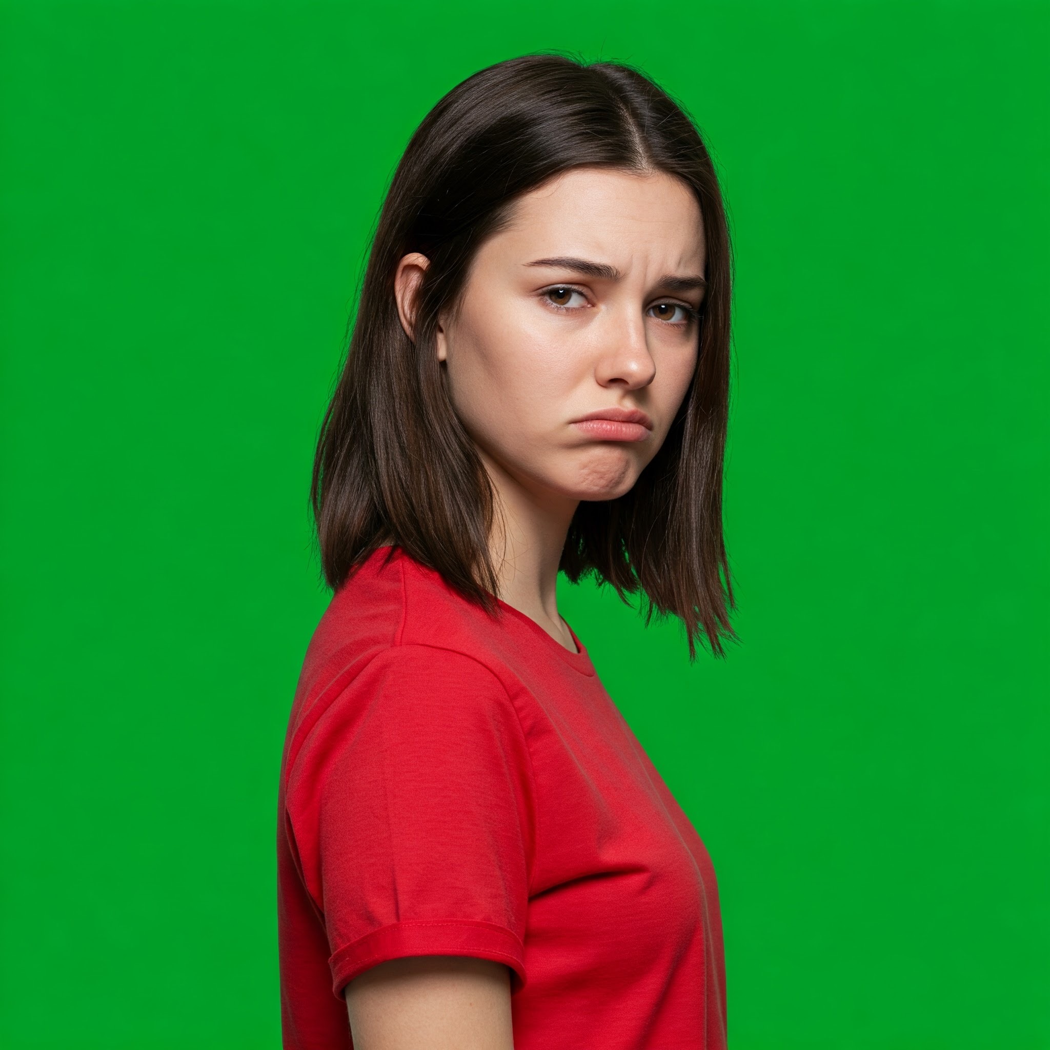 photo of Disappointed Young Woman in Red Shirt Against Green Screen